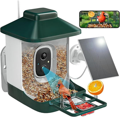 Smart Bird Feeder with Camera, AI Identify Bi rd Species Solar Powered,Full HD Live Video Bird Feeder Camera, 2.4Ghz WiFi, Instant Arrival Alerts - Best Gifts for Bi rd Lover