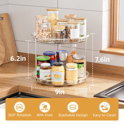 LAMU 2 Tier Lazy Susan Turntable Organizer for Cabinet, 9'' Rotating Spice Rack for Kitchen, Pantry, Countertop, Bathroom, Vanity, Under Sink, Medicine Cabinet Organizer, 1 Pack