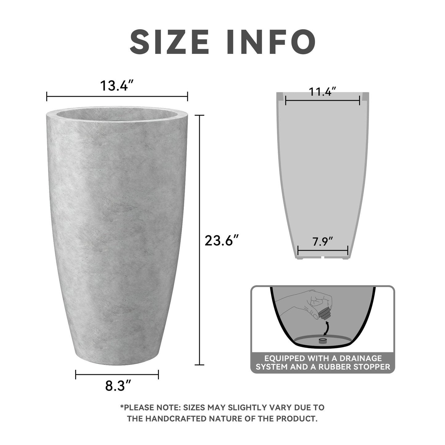 Kante 23.6" H Natural Concrete Tall Planters (Set of 2), Large Outdoor Indoor Decorative Plant Pots with Drainage Hole and Rubber Plug, Modern Style for Home and Garden
