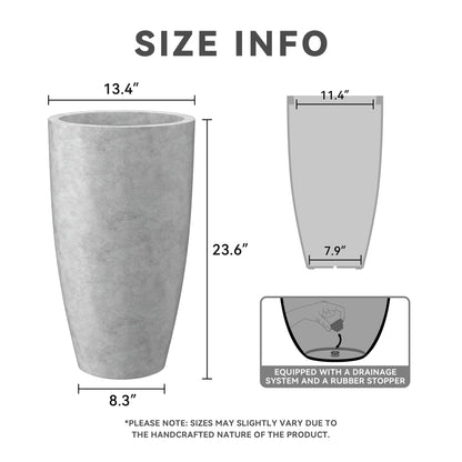 Kante 23.6" H Natural Concrete Tall Planters (Set of 2), Large Outdoor Indoor Decorative Plant Pots with Drainage Hole and Rubber Plug, Modern Style for Home and Garden