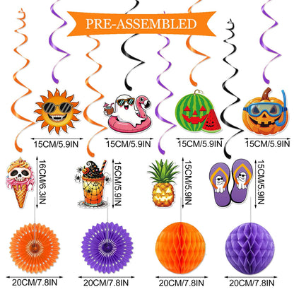 Summerween Decorations Happy Summerween Birthday Banner Hanging Swirls Honeycomb Balls Paper Fans Circle Confetti Dots Hanging Garland for Summer Halloween Birthday Party Decorations