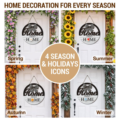 Interchangeable Seasonal Home Sweet Home Hanging Sign - Farmhouse Front Door Decoration for Spring All Seasons Holidays - Rustic Round Wood Wreaths with 12 Icons(White)
