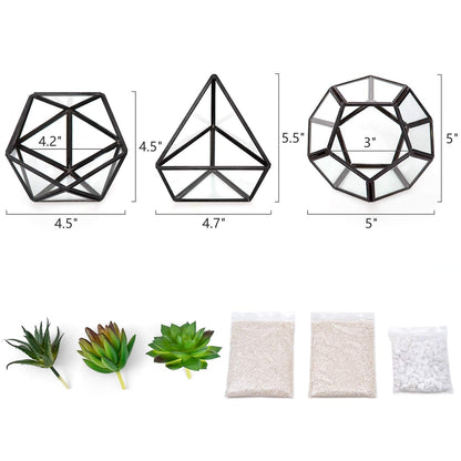 Mkono Artificial Succulent in 3 Pack Mini Glass Geometric Terrarium, Miniature Potted Faux Plant Bookshelf Desk Boho Office Room Decor for Women Girls Dorm Gift Idea, Black