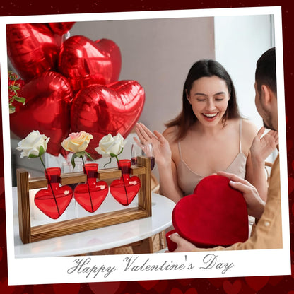Remerry Red Heart Plant Terrarium with Wooden Stand 3 Heart Glass Vases Planter, Tabletop Propagation Hydroponics Station, Mother's Day Plant Lovers Gift