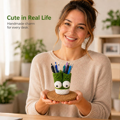 XIBIGEYE Cute Crochet Pen Holder for Desk - Handmade Green Onion Pencil Cup with Phone Stand | Funny Desk Organizer, Unique Teacher Gift, Back to School Desk Accessories for Students & Office