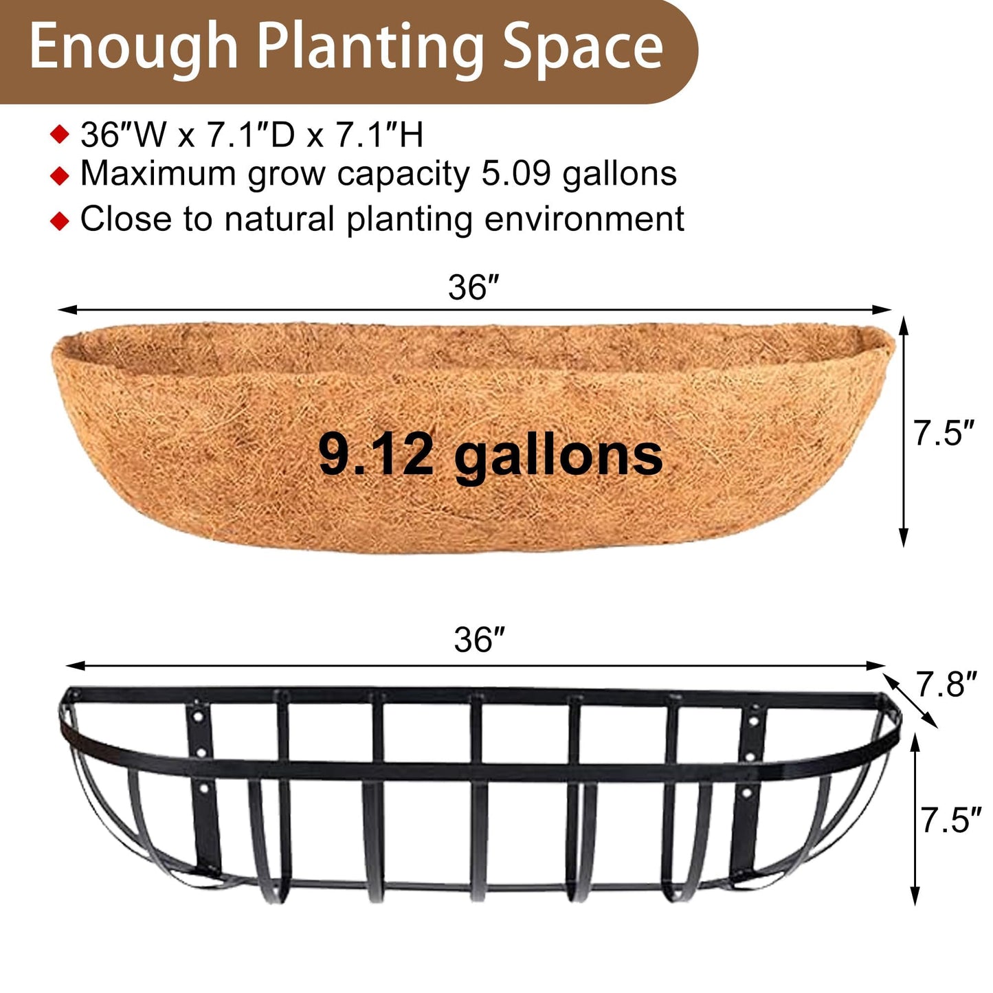 GYATSOCYG 36 Inch Window Baskets with Coconut Liner Outdoor Wall Planter for Plants Long Window Flower Box for Porch Fence Patio Outdoor（2 Pack）