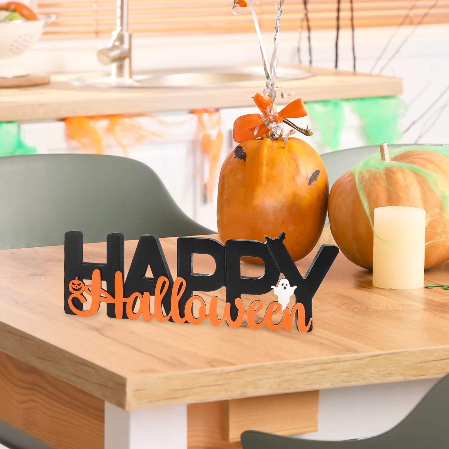 COCHIE Wooden Happy Halloween Sign, Ghost Decorations for Home, Office, Shelf, Mantel, Indoor, Wood J-o-lantern Pumpkin Decor, Black Orange Spooky Table Top Party Decoration (Happy Halloween)