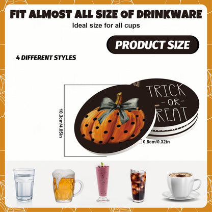 Whaline 4Pcs Happy Halloween Coasters Trick or Treat Ghost Pumpkin Ceramic Coasters Absorbent Cup Mat for Home Kitchen Office Party Table Decor