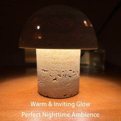Natural Stone Mushroom Lamp - Handcrafted Travertine Night Light, Rechargeable with Type-C, Dimmable LED Accent Light for Bedroom & Living Room