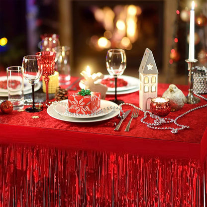 6 PCS Red Metallic Foil Fringe Tinsel Table Skirts 9 Feet x29.5 Inch for Rectangle Tables, Tinsel Backdrop Curtains,Party Supplies,Wedding, Birthday, Parade Floats, Christmas Decorations