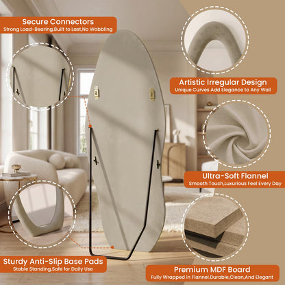ZHUNFA Full Length Mirror,65×24 Mirror Full Length Wall Mounted Wrapped in Flannel,Featuring an Irregular Cloud Shaped Design,Room,Bedroom,Living Room Home Decor,Light Coffee.
