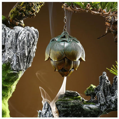 Primst Lotus Furnace Hollow Hanging Ball Incense Burner, Ceramic Backflow Incense Cones and Incense Coil Holder for Home Office Ornament Decoration