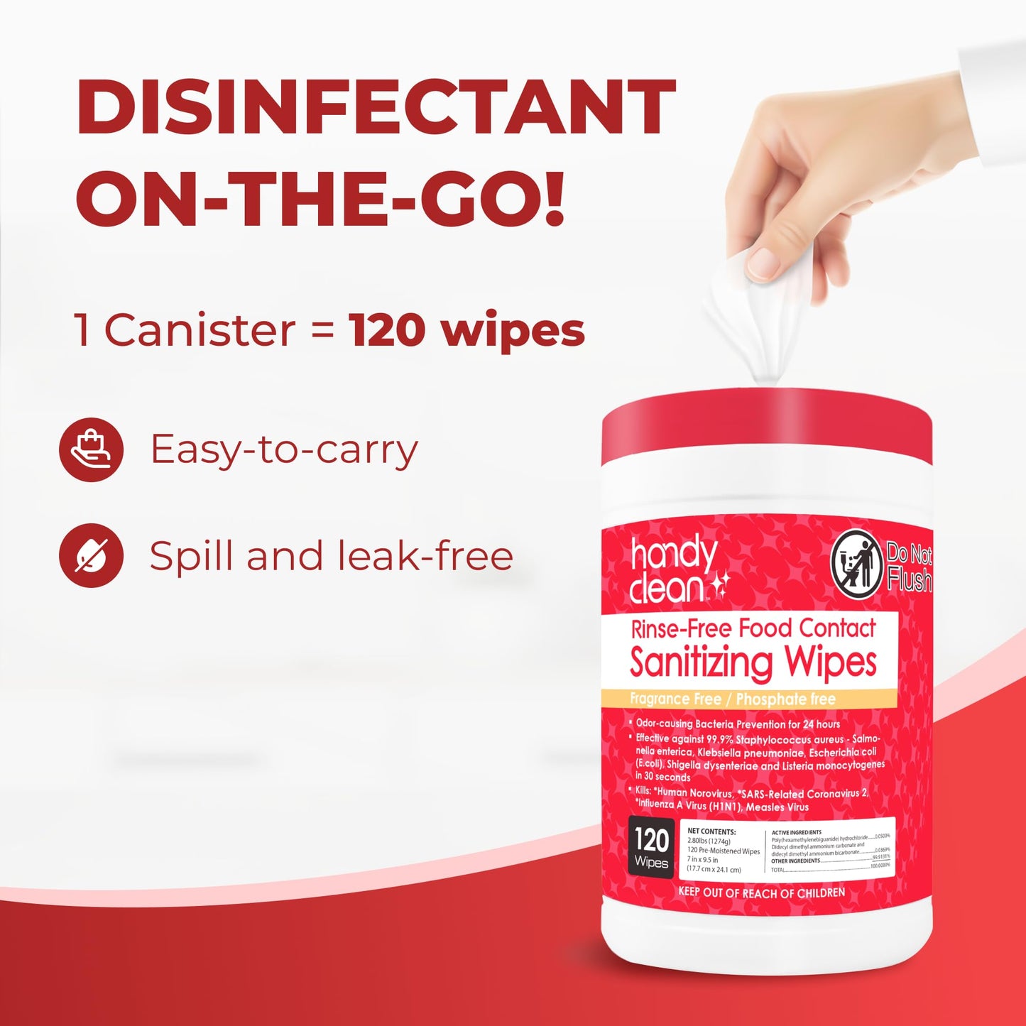 HandyClean Rinse-Free Food Contact Sanitizing Wipes Canister, Multi Surface Cleaning Supplies for Kitchen and Professional Setting One Canister (120 Wipes)