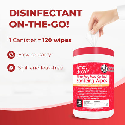 HandyClean Rinse-Free Food Contact Sanitizing Wipes Canister, Multi Surface Cleaning Supplies for Kitchen and Professional Setting One Canister (120 Wipes)