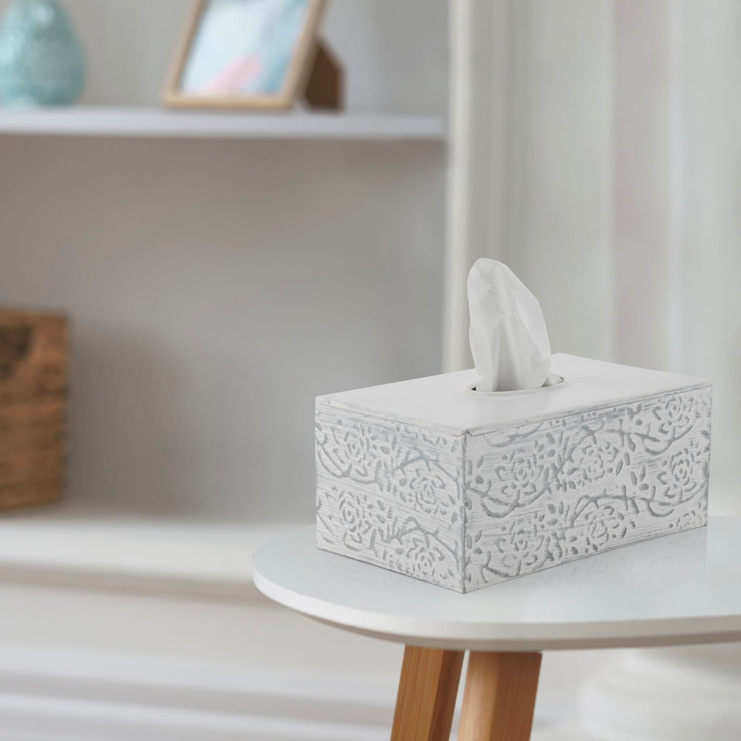Modern Farmhouse Decorative Tissue Box Holder - Distressed White, Rustic Metal Design for Bathroom
