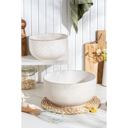 Mikiegy Ceramic Mixing Bowls Set of 2, Nesting Ceramic Embossment Stoneware Mixing Bowls for Cooking, Serving, Popcorn, Salad etc, Microwave & Dishwasher Safe, 98/145 oz, Off-White