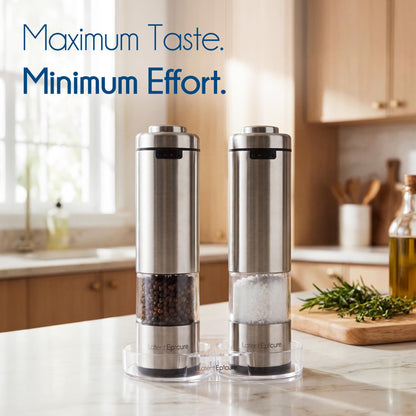 Latent Epicure Electric Salt and Pepper Grinder Set, USB-C Rechargeable Stainless Steel Mills with LED Light, Adjustable Ceramic Grinders and Acrylic Mill Rest Tray