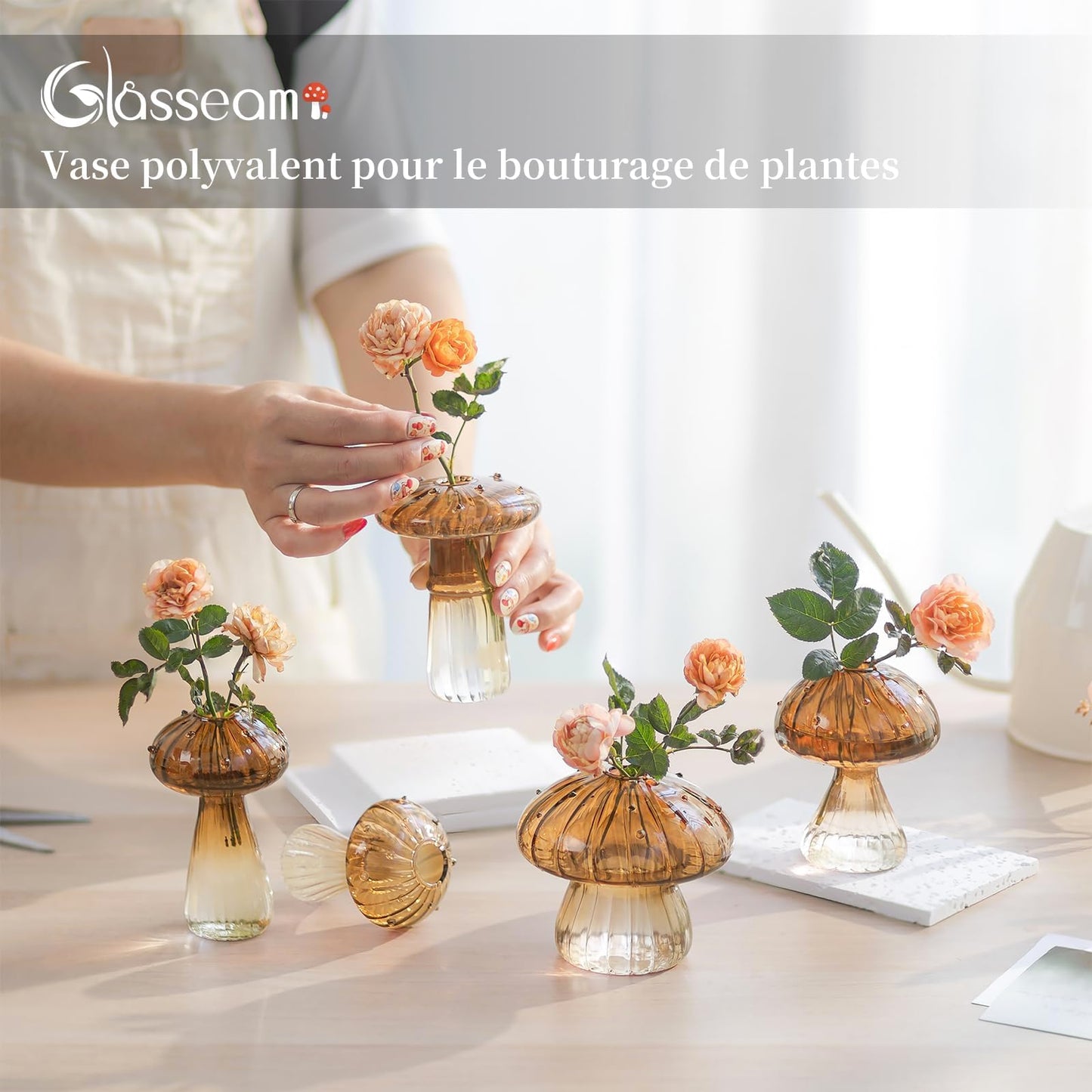 Glasseam Mushroom Plant Propagation Stations: Amber Glass Terrarium Jar Set of 5 Cute Planters for Indoor Plants Mini Propagate Station Unique Christmas Birthday Gifts for Women Home Office Decor