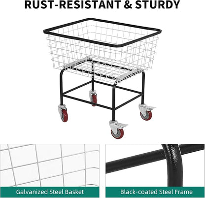 Extra-Large Rolling Laundry Cart with Wheels Holds 4 Washer Loads, Wire Laundry Basket, Heavy-Duty Steel Storage Basket with Galvanized Finish, for Commercial or Home Laundry