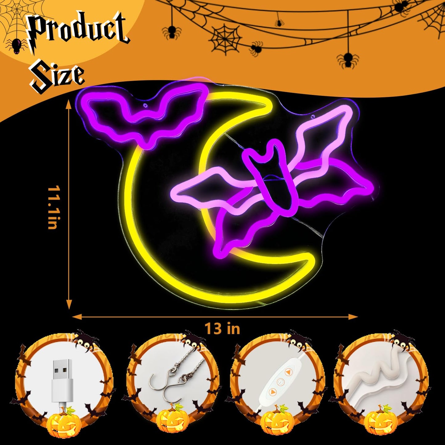 Halloween Neon Sign Moon Flying Neon Bat Sign Led Halloween Decorations Halloween Flying Bat Lights Halloween Led Sign Gothic Neon Sign for Halloween Party Wall Decor Window