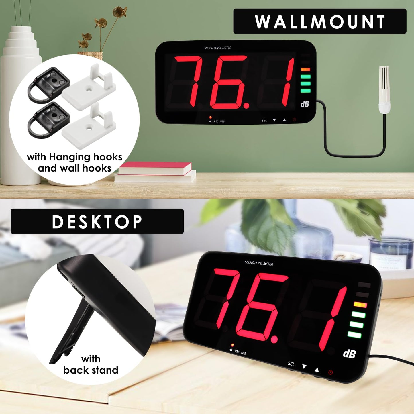 Decibel Meter Recorder 13 Inches Sound Level Meter, Wall Mount Noise Meter for Classroom Sound Meter with 16.4ft Sensor, Buzzer Alarm and Unlimited Data Logging, Noise Meter Decibel for Studio, Home