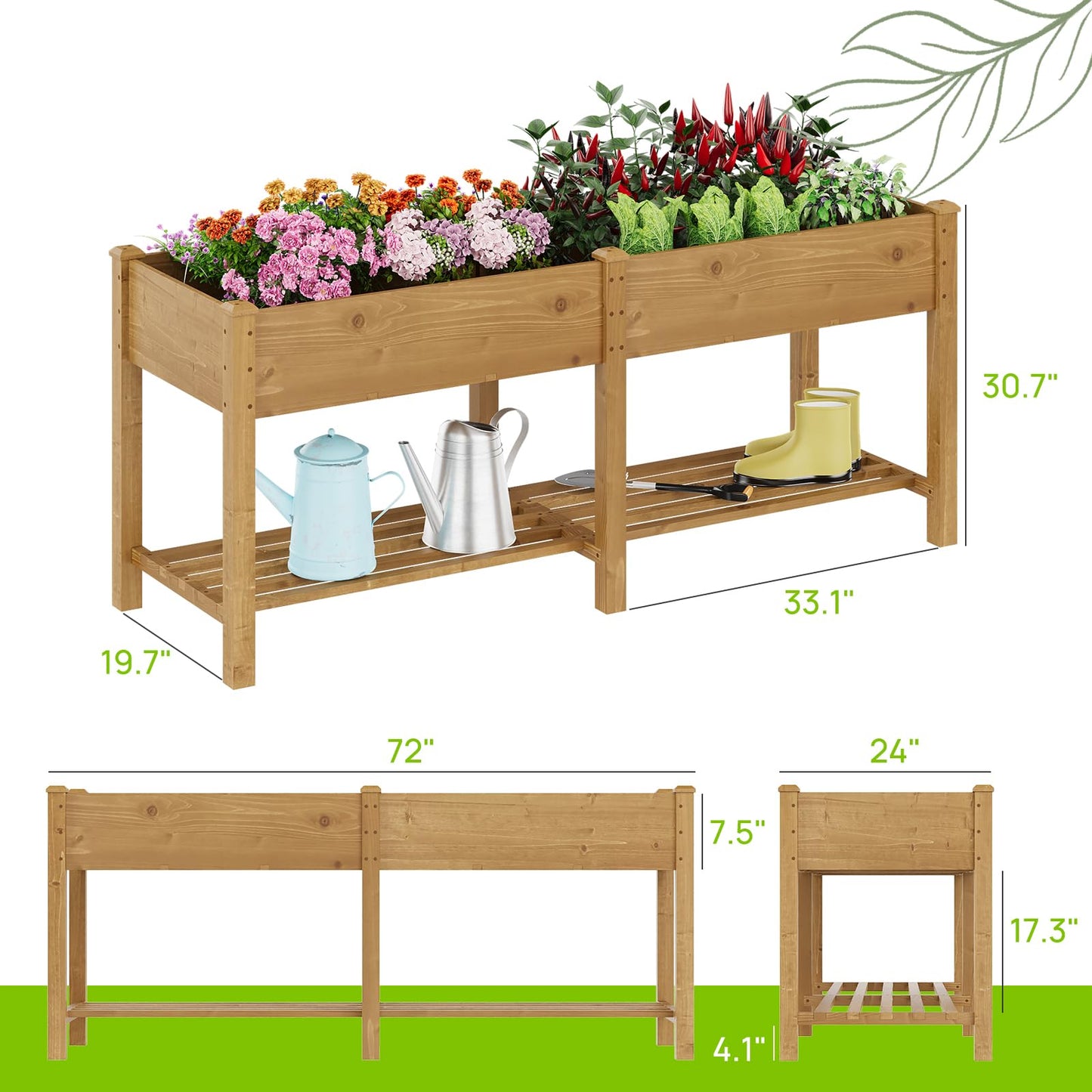 72x24x30.7 Wood Raised Garden Bed with Legs Wooden Planter Box with Storage Shelf Elevated Wood Planter Box for Vegetables Flowers Herbs Garden Planter for Backyard Patio Balcony (Brown, Large)