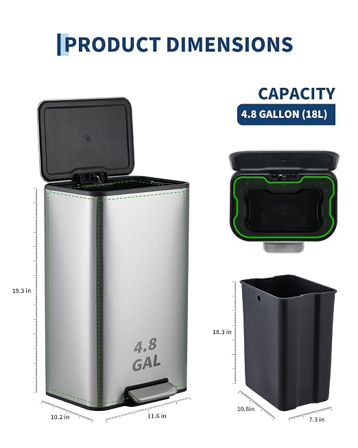 4.8 Gallon/18 Liter Trash Can, Stainless Steel Step Garbage Can with Quiet Soft-Close Lid, Foot Pedal & Removable Inner Bucket, Rectangular Trash Bin for for Small Kitchen Home Garage Office, Silver