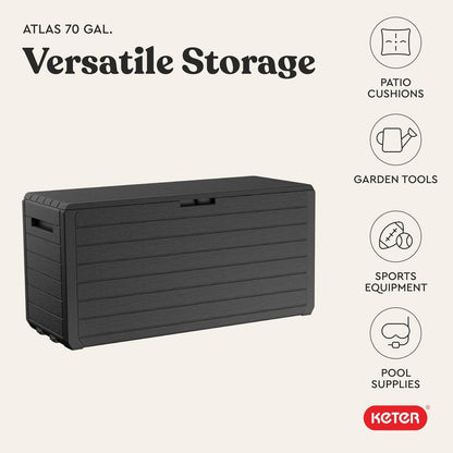 Keter Atlas 70 Gallon Deck Box – Weather‑Resistant Outdoor Storage Chest for Patio, Yard & Pool, Durable Resin Construction, Lockable Lid, Easy‑Open Design