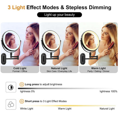 9" Wall Mounted Lighted Makeup Mirror,4000mAh Rechargeable Double Sided 1X/10X Magnifying Mirror with Light,3 Color Lights,Touch Dimmable,Extended Arm 360 Rotation Wall Mounted Makeup Mirror