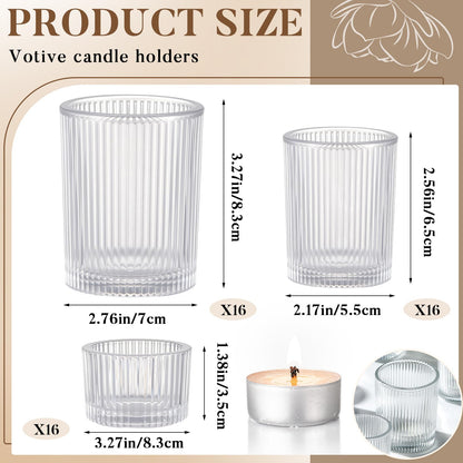 Mumufy 48 Pcs Assorted Votive Candle Holders Ribbed Glass Tealight Candle Holder Bulk for Table Centerpiece, Baby Shower, Home and Wedding Party Decoration (Clear)