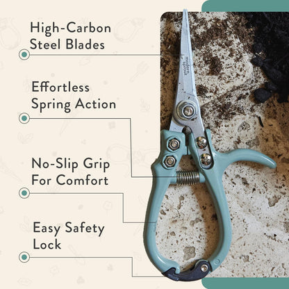 Modern Sprout Pruning Shears - Herb Snipping Scissors- Lightweight Gardening Tools W/Easy Lock - Flower Cutter Garden Shears - Carbon Steel Blade + Reusable Holster (Ocean, 1-Pack)