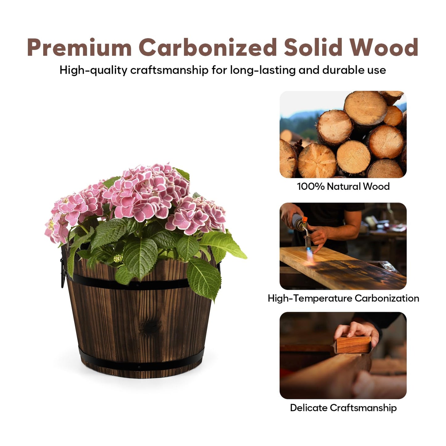 HakkaGirl Wooden Barrel Planters Flower Pots for Indoor Outdoor Plants, 10+11.5 inch Rustic Patio Garden Front Porch Planters Plant Pots Outdoor Decor Set of 2