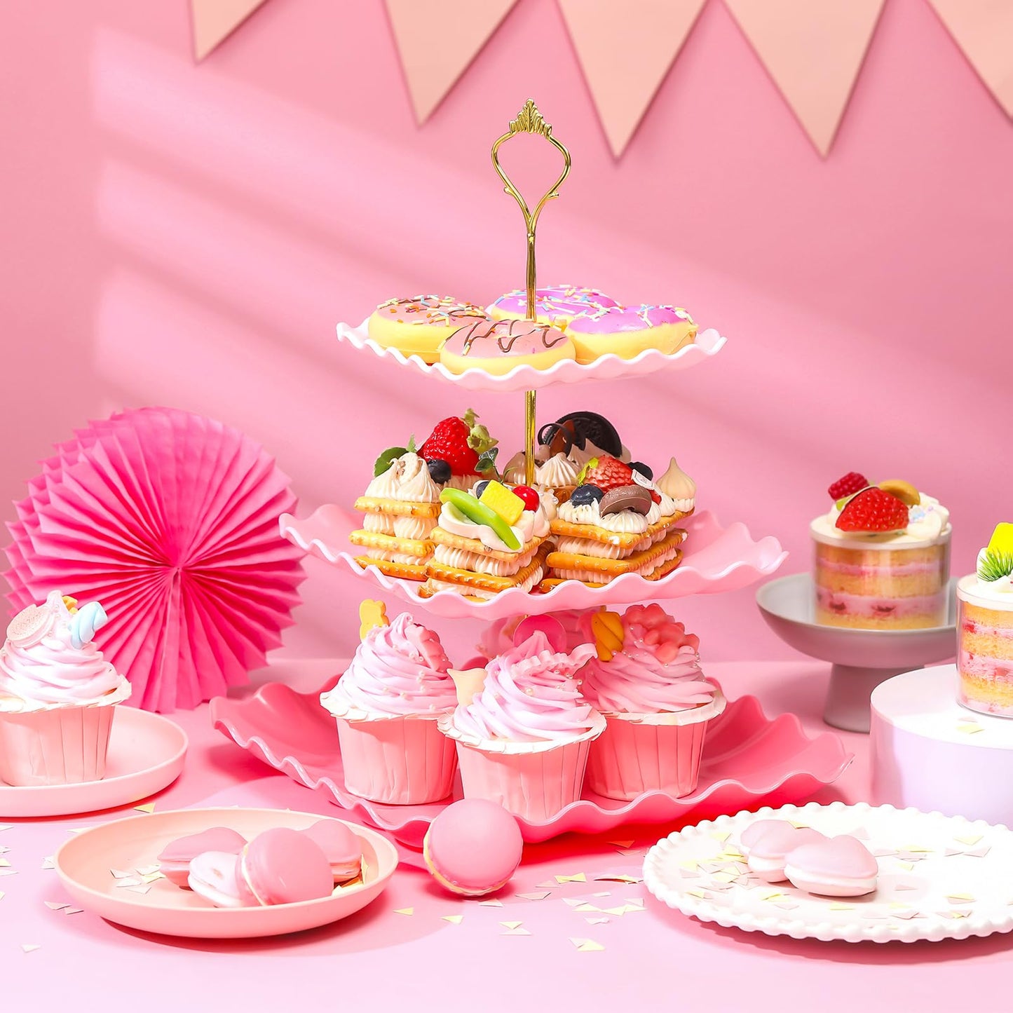 Lallisa 2 Pack Scalloped Cupcake Stand Dessert Plates Plastic Square Tiered Serving Stand Display Tower for Wedding, Birthday Party, Tea Party and Baby Shower(Pink Gradient)