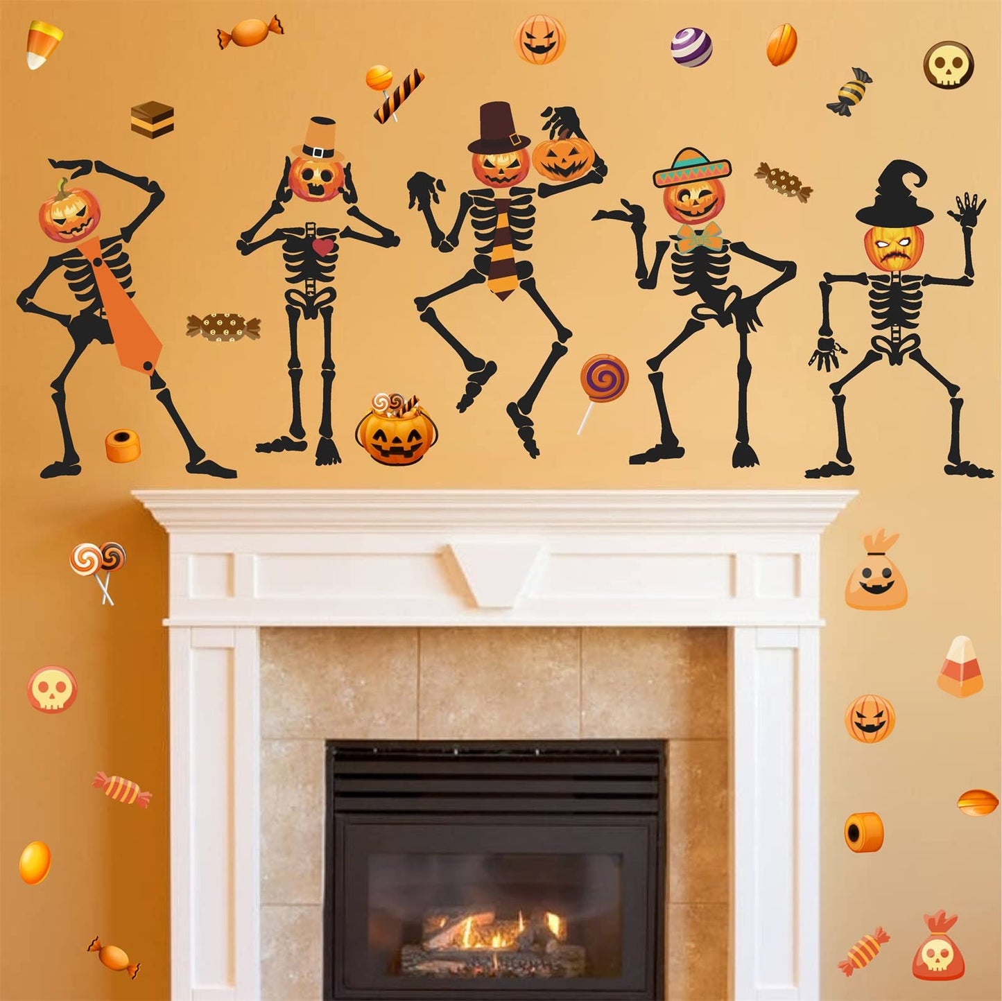 Halloween Skull Wall Decal Halloween Wall Stickers Skeleton Ghosts Pumpkin Candy Wall Decals Gothic Funny Halloween Window Clings Peel and Stick for Kids Bedroom Living Room Window Halloween Party Decor