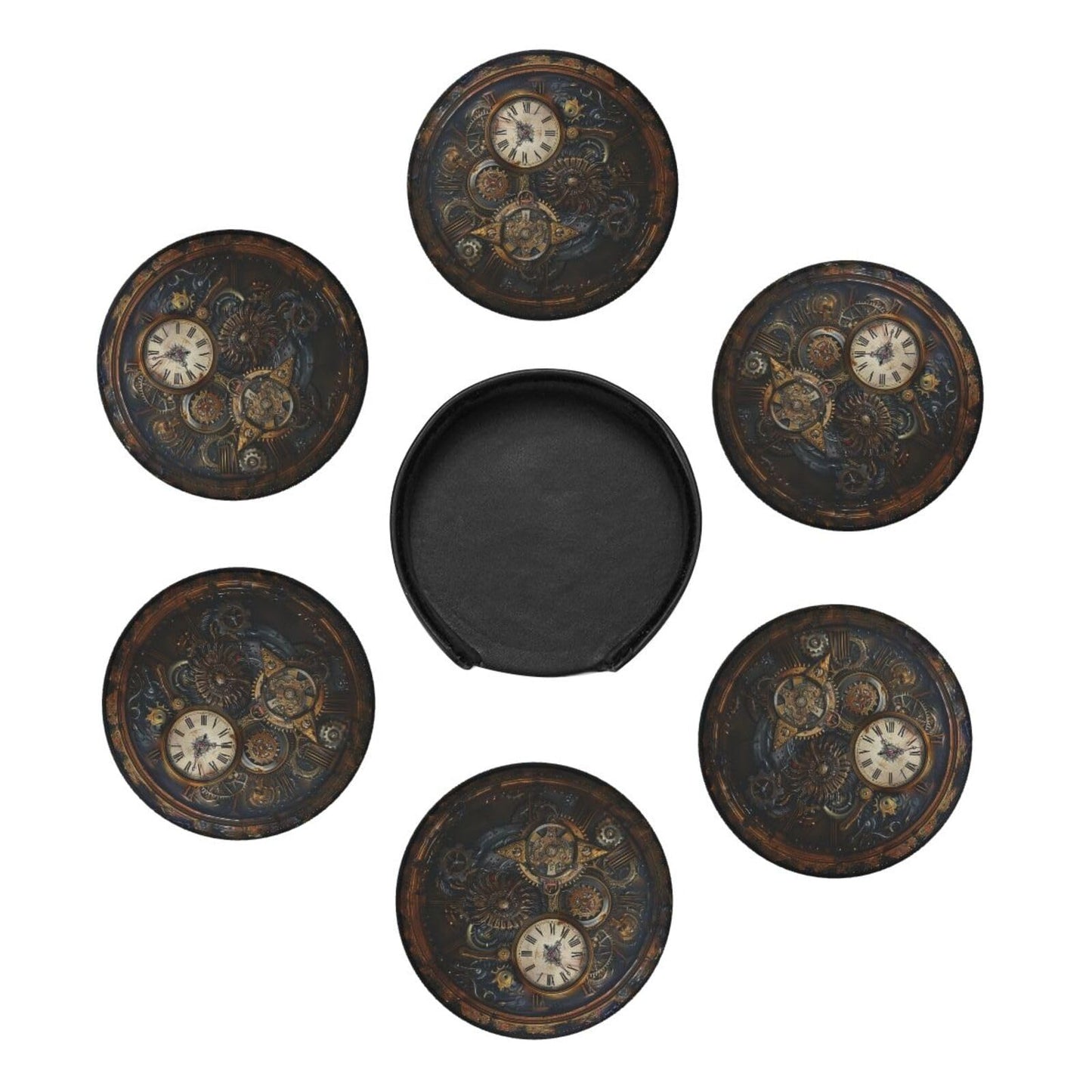 Steampunk Clocks Drinks Coasters With Holder, Suitable For Kinds Of Cups, Set Of 6