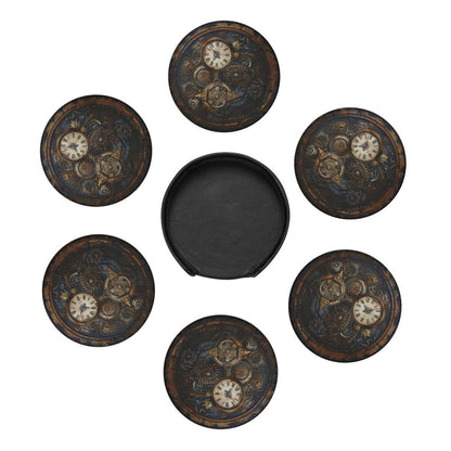 Steampunk Clocks Drinks Coasters With Holder, Suitable For Kinds Of Cups, Set Of 6