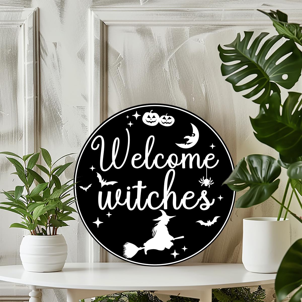 Generic Welcome Witches Round Aluminum Sign Halloween Metal Tin Signs Autumn Witch Ghost Pumpkin Wall Decor Sign For Home Kitchen Cafe 8x8 Inch