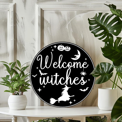 Generic Welcome Witches Round Aluminum Sign Halloween Metal Tin Signs Autumn Witch Ghost Pumpkin Wall Decor Sign For Home Kitchen Cafe 8x8 Inch