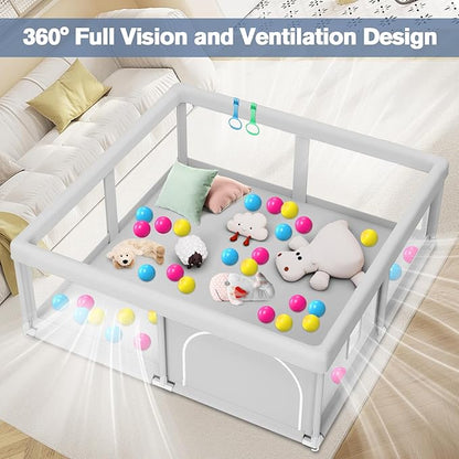 Baby Playpen with Balls and Pull Rings for Babies and Toddlers 50 x 50 inch, Play Yards Indoor, Sturdy Safety Play Pen with Soft Breathable Mesh, Baby Fence