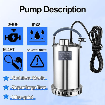 Sump Pump Submersible Water Pump 3/4HP 3500GPH Stainless Steel Portable Water Transfer Pump Electric for Pool Draining Hot Tub Basement Utility Pumps