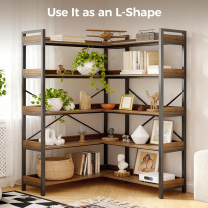 GTPLAYER 5-Tier Corner Bookshelf, L-Shaped Metal Frame Shelf with Tall 14" Shelves, Plant Stand and Storage Rack for Small Spaces, Living Room and Home Office, Rustic Brown