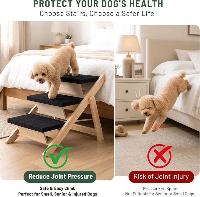 Dog Stairs/Ramp for Bed, Wooden 2-in-1 Foldable Pet Stairs & Ramp, Portable Dog Ladder Up to 180 Pound for Elderly/Short-Legged Dogs, 3 Steps for Beds, Couch