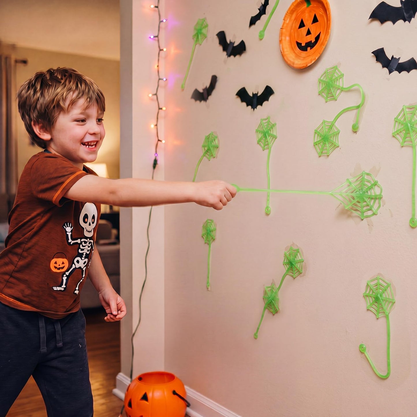 Thenshop 60 Pcs Halloween Sticky Spider Web Party Favors Glow in the Dark Sticky Web Hand Toys for Kids 6.3 Inch Goodie Bag Stuffers for Classroom Prizes Birthday Party Supplies