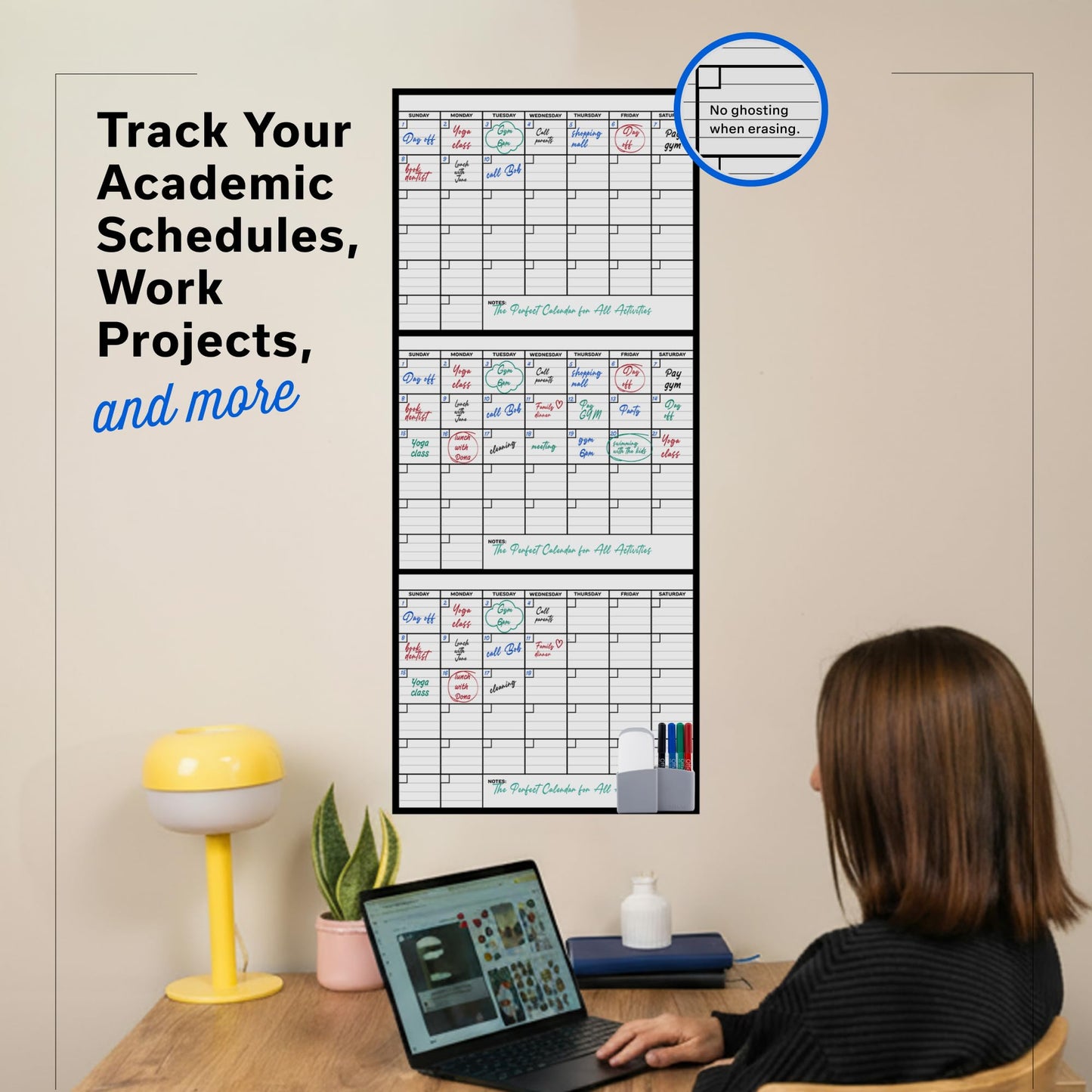 (2 PK) 3 Month Dry Erase Calendar for Wall 40x17, Family Office Large Reusable Big, Monthly Giant Dry Erase Planner, Rolled Whiteboard White Board, Classroom Calendar for Undated Wall Erasable