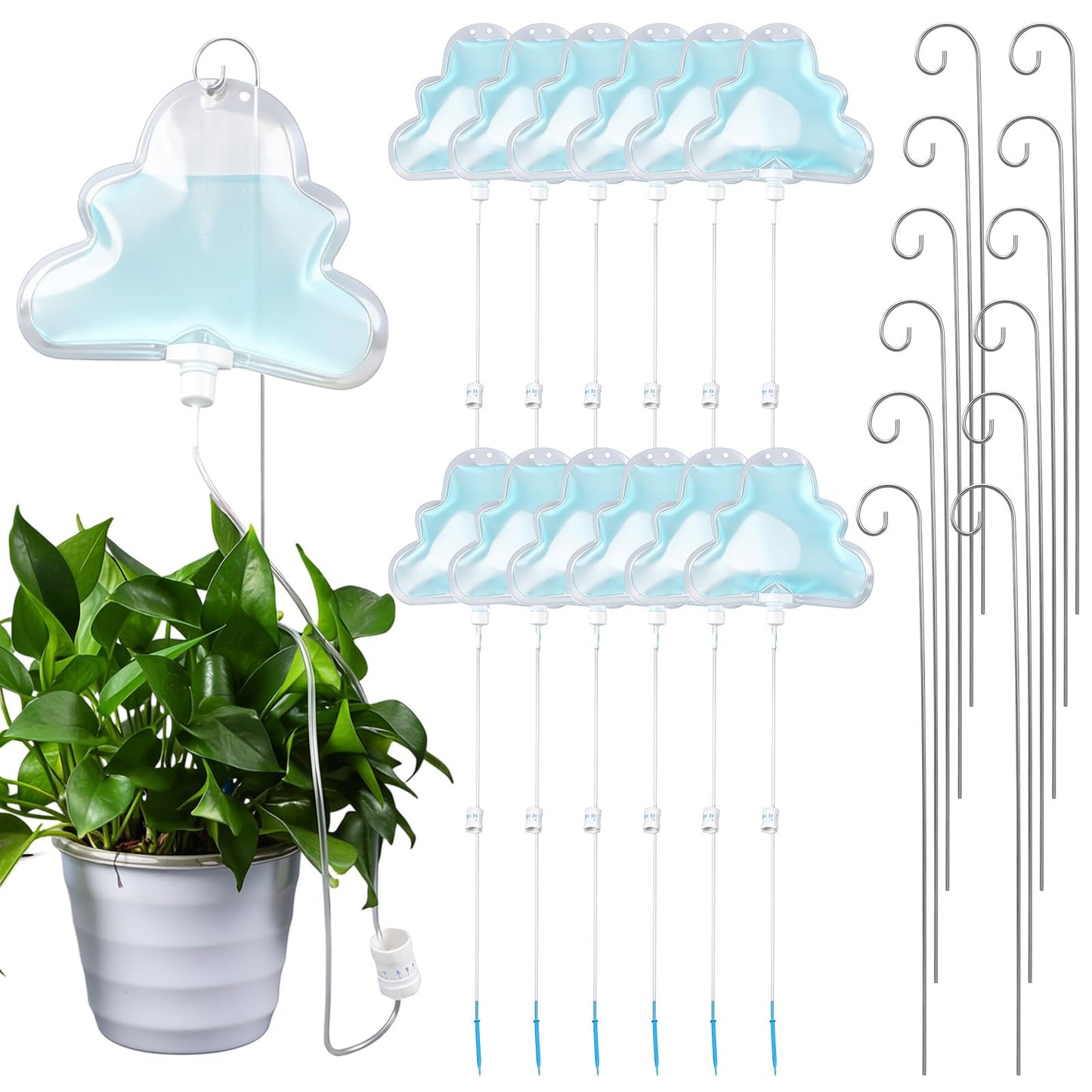 Zhengmy 12 Pcs 500ml Plant Self Watering Bags, Cloud Shape Automatic Drip Irrigation System with Adjustable Valve and Support Stakes, Slow Release Vacation Plant Waterer for Indoor Outdoor Plants