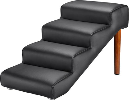 Senneny Black Faux Leather Dog Stairs, for Pets up to 150 lbs, Waterproof, Scratch Resistant Pet Steps/Stairs with High Density Foam and Detachable Wooden Legs, Black, 4 Step