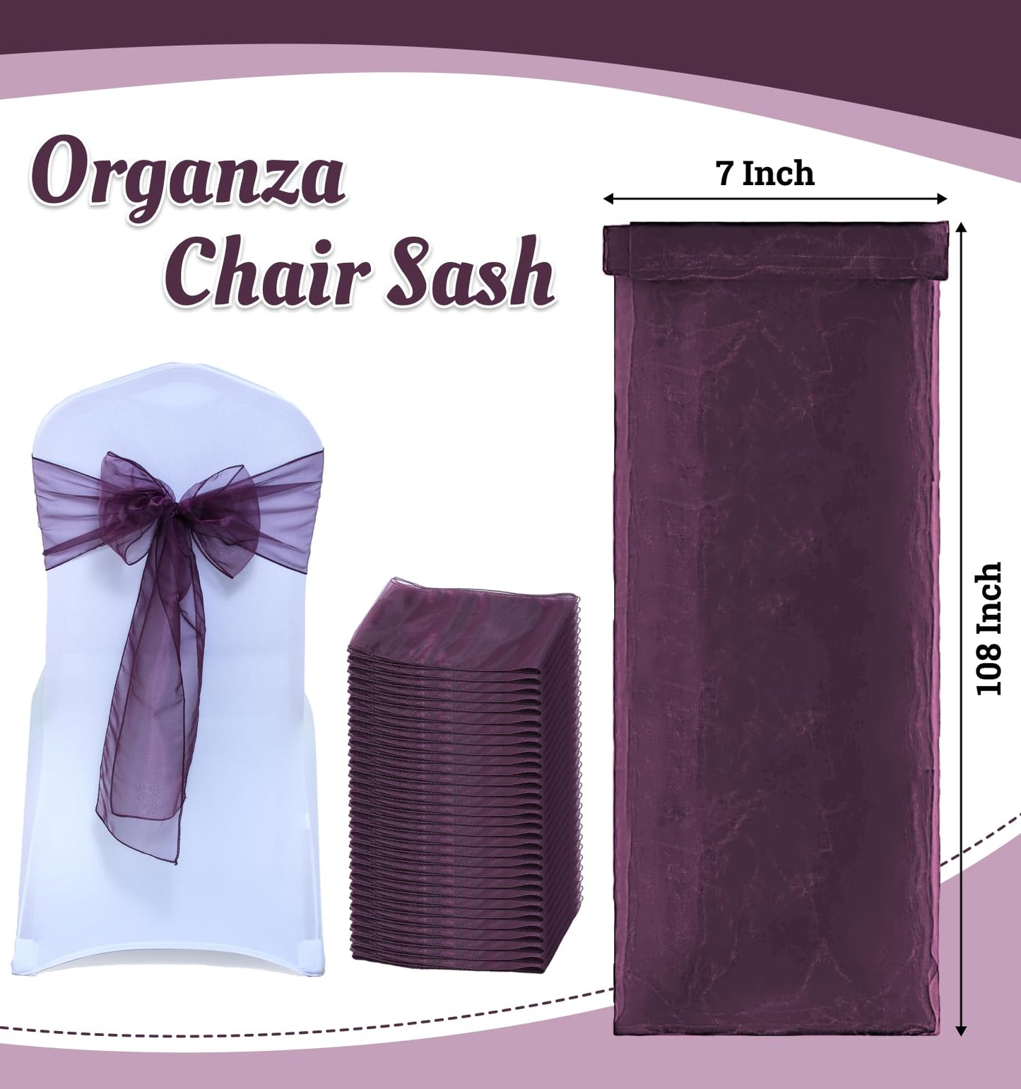 MDS® Pack of 25 Organza Chair Sashes for Wedding Decoration, Reusable Sheer Chair Bows for Banquet Chair Cover, Reception, Bridal Shower, Baby Shower, Birthday Party & Special Events - Plum