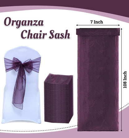 MDS® Pack of 25 Organza Chair Sashes for Wedding Decoration, Reusable Sheer Chair Bows for Banquet Chair Cover, Reception, Bridal Shower, Baby Shower, Birthday Party & Special Events - Plum