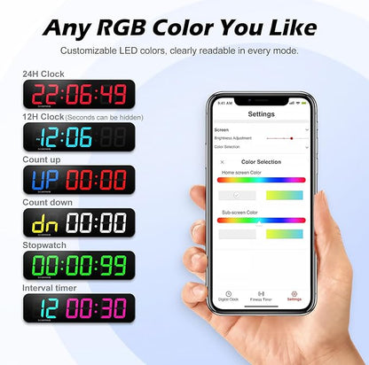 15.2" Large Digital Wall Clock with Seconds, App & Remote Control, Customizable RGB Colors, Alarms, Stopwatch, Countdown, Timer Clock for Home Gym Living Room Office Garage Decor