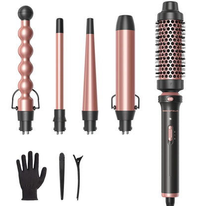 Wavytalk 5 in 1 Curling Iron,Curling Iron Set with Heated Round Brush and 4 Interchangeable Ceramic Curling Wand(0.5”-1.25"), Instant Heat Up,Dual Voltage Hair Curler